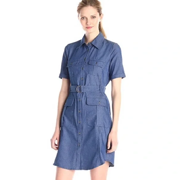Chambray Denim Safari Dress w Pockets and Belt - Picture 1 of 2